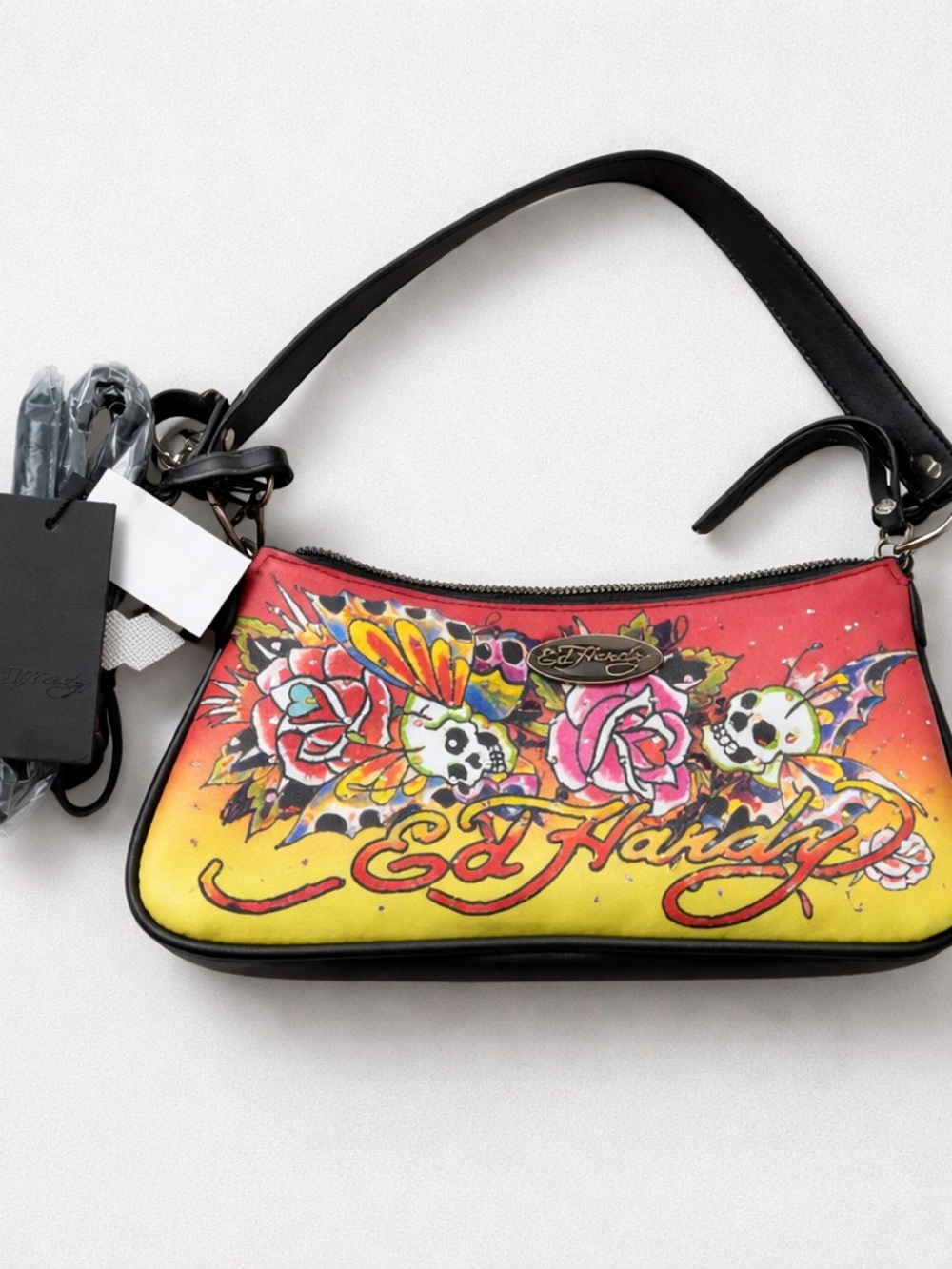 Ed Hardy Ombre Floral Skull Wristlet - Red, Yellow & Pink